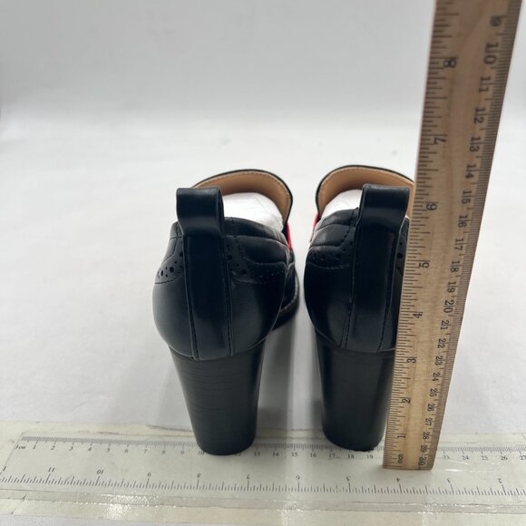 YDN Black/Red Chunky High Heels Round Toe Oxford Loafer Dress Shoe - Picture 5 of 8